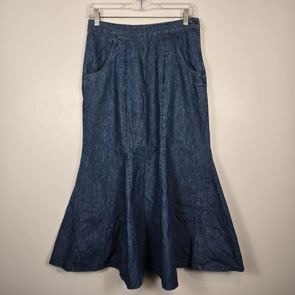Vintage 70s Calvin Klein Sport Cotton Denim Mermaid Flare Skirt Womens Size 10